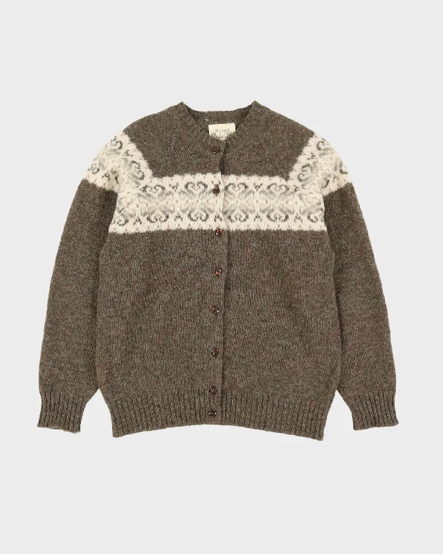 Brown Shetland Wool Knitted Cardigan - S Chenille Blend Fleece Blend Nylon Blend