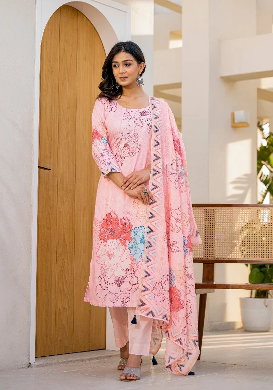 Pink Designer Readymade Linen Pant Suit With Digital Printed Work Formal Stretch Pants