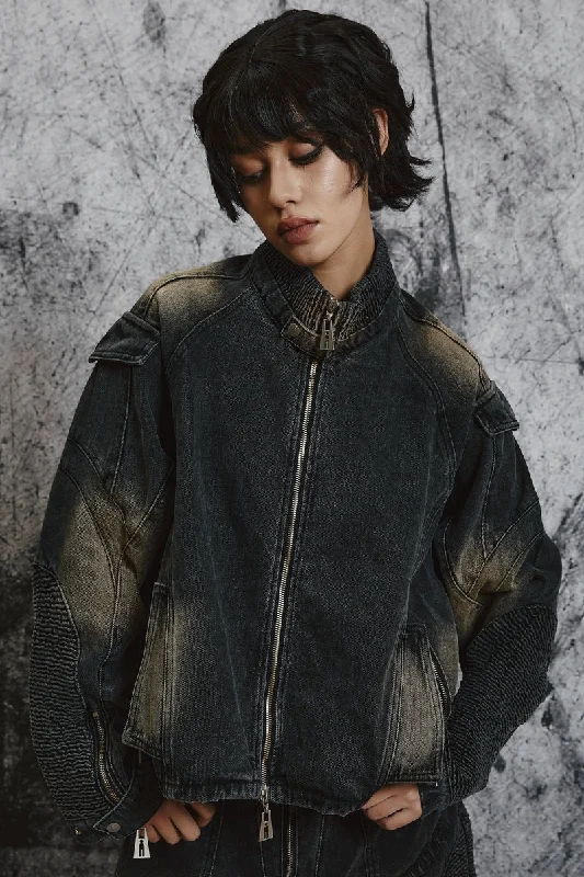 NOLM Washed Wrinkled Denim Jacket Welt Pockets Slit Pockets Flap Pockets