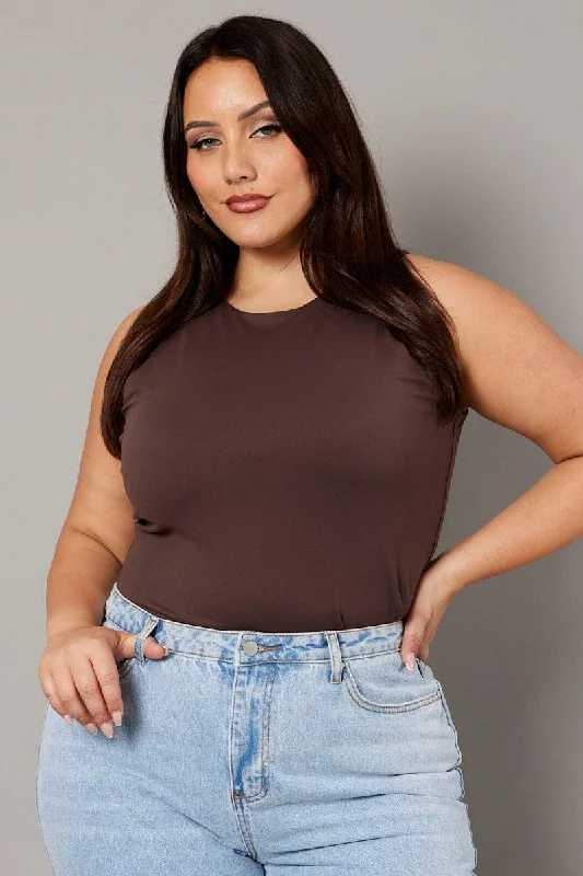 Brown Tank Top Sleeveless Crew Neck Supersoft spandex blend tank