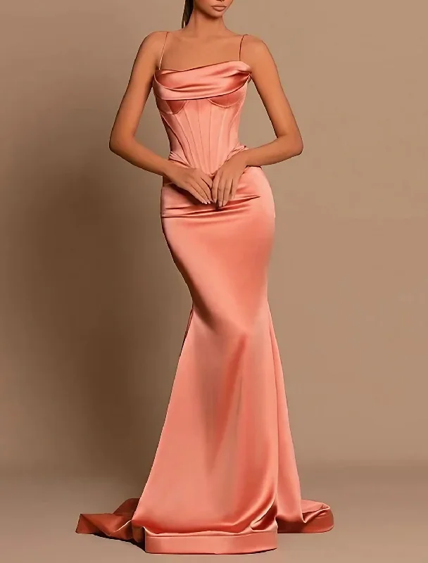 Mermaid / Trumpet Evening Gown Corsets Dress Wedding Cocktail Party Dress Sweep / Brush Train Sleeveless Spaghetti Strap Bridesmaid Dress Satin with Ruched Peplum Ruffle Cocktail