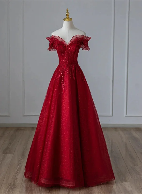Wine Red Tulle with Sequins and Lace Party Dress Wine Red A-line Prom Dress prom dresses shops Bodycon Fitted Nightout