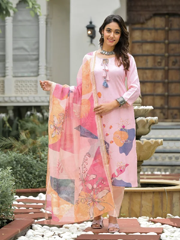 Pink Designer Readymade Linen Pant Suit With Digital Printed Work Soft Cotton Pants