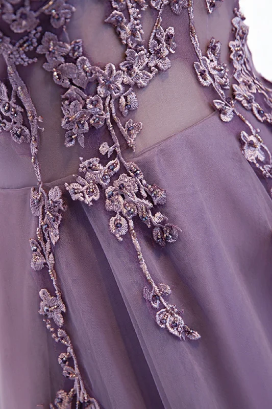 Purple V-Neck Lace Long Prom Dresses, A-Line Evening Party Dresses Tunics Plaid country