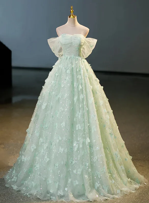 Green Tulle and Lace Long Formal Dress, Green Party Dress Prom Dress Off-the-shoulder Bohemian Festive
