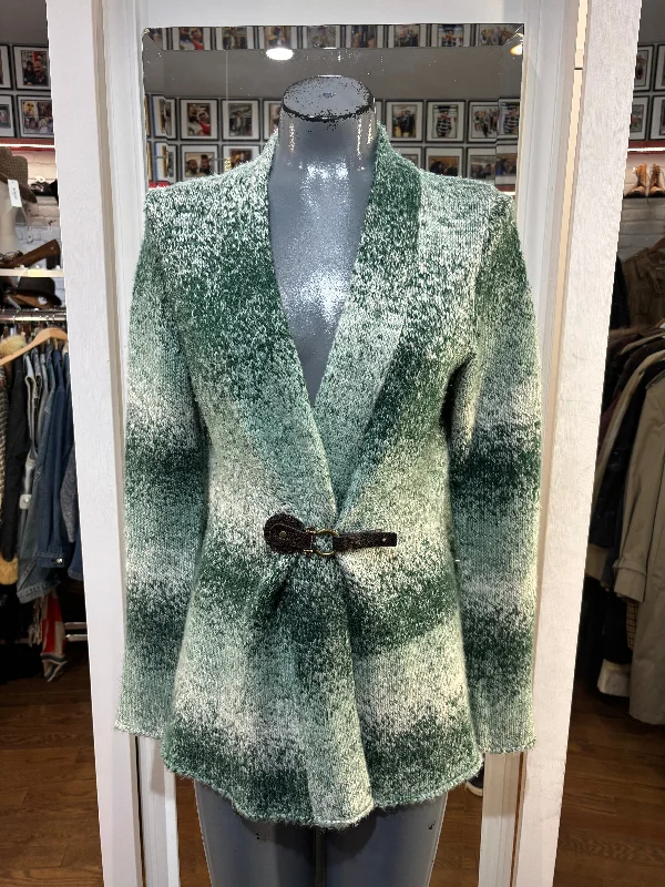 90’s Green And Off White Cardigan By Ellen Fisher Glossy Satin Silk