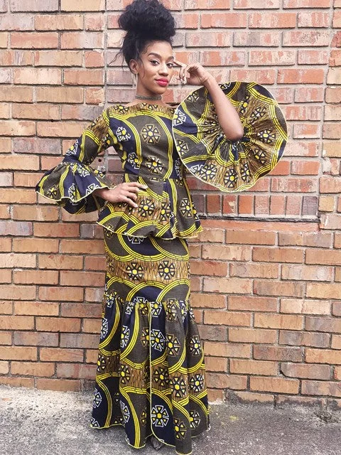African Print Top and Skirt with Flare Sleeves-DP3210TS elastic waist skirt