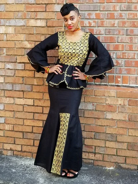 Black Panther African Top and Skirt with Gold Embroidery-DP3939T mini skirt trendy