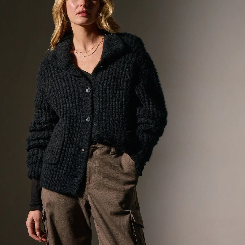 Cashmere Chunky Waffle Cardigan - True Black Thin Thick Dense