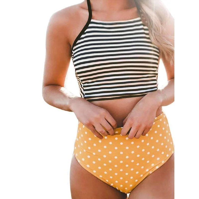 Women's Halter High Waist Bikini Swim Suit Set V-Neck Swim Dress