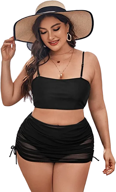 3 Piece Black Plus High Waisted Bikini Swimsuit & Drawstring Cover Up Sporty Swimwear Bottoms