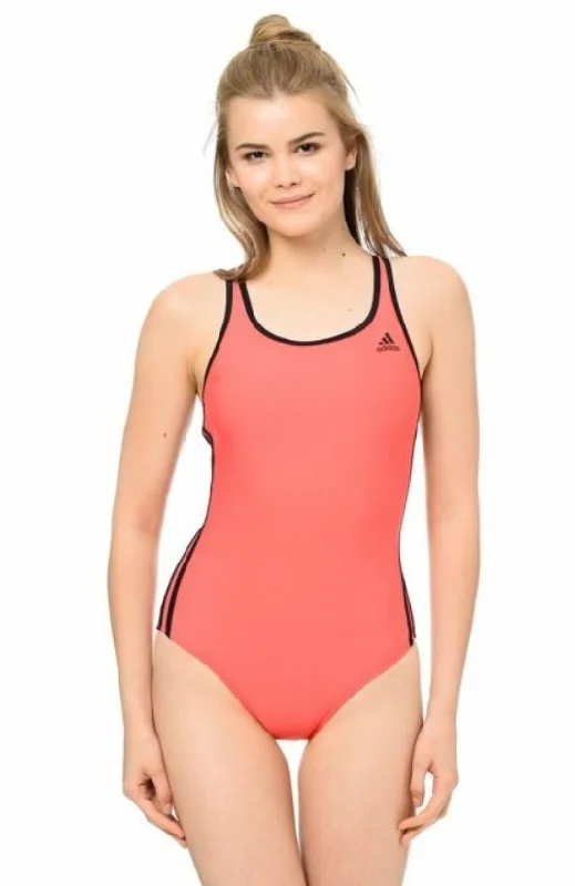 adidas 3 Stripe Classic One Piece Swimsuit (Shock Red/Black) Trendy Swimwear Set