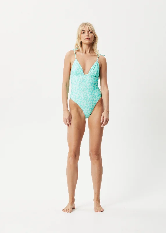 AFENDS Womens Benny - Tie One Piece Swimsuit - Jade Daisy Sporty Swimsuit Style