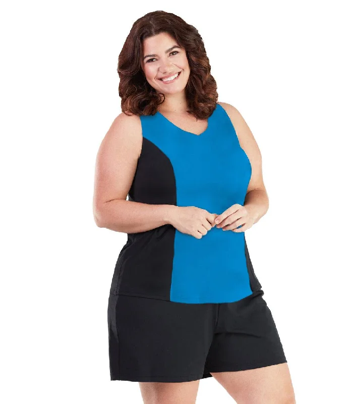 AquaSport Tankini Top in Pacific Blue Black Lace Back Bikini