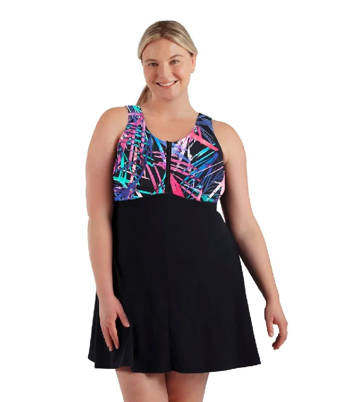 AquaSport Zip Front Swim Dress Sunset Palm Print Black Floral Swimwear Set