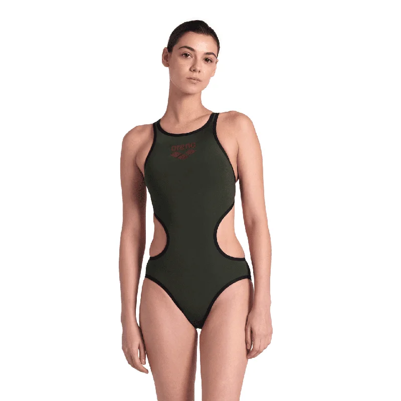 Arena ONE Big Logo One Piece Ladies Swimsuit - Dark Sage/Black High-Waisted Swim Bottoms