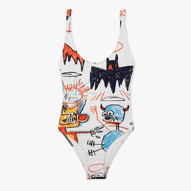 Basquiat Batman Swimsuit  - White Tropical Print One-Piece