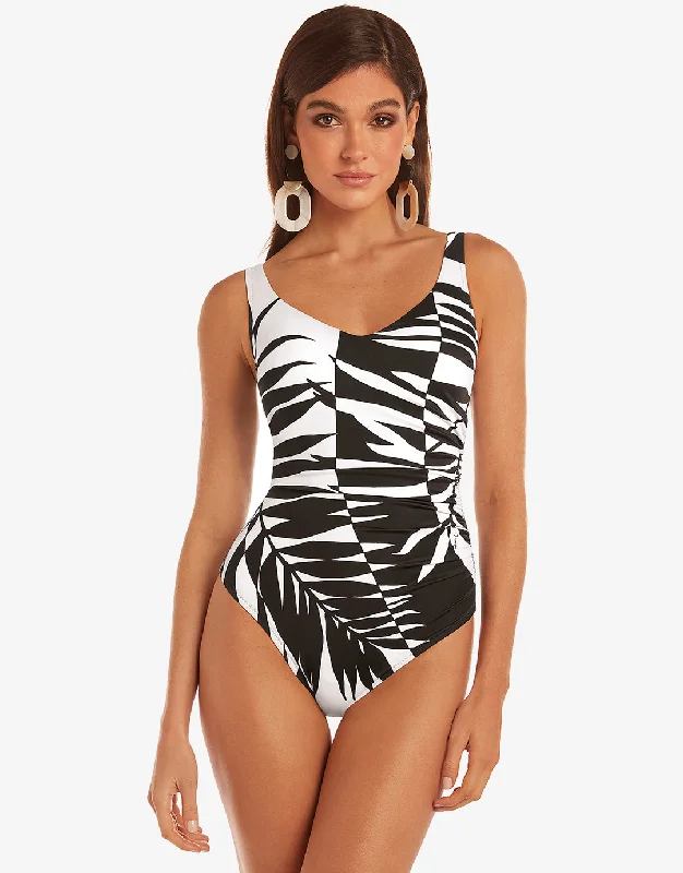 Black and White Soft Cup Swimsuit High-Cut One-Piece