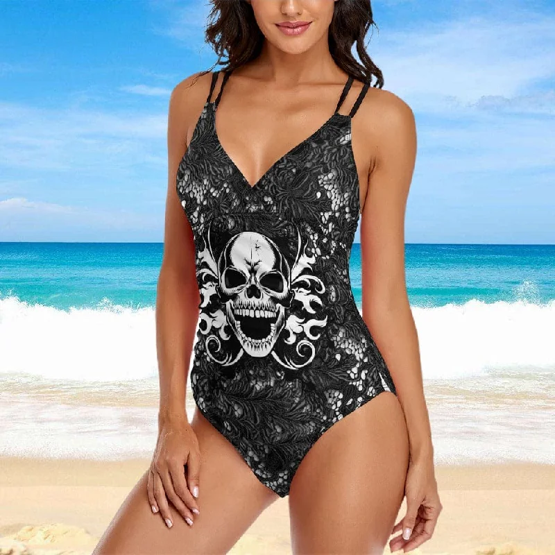 Black Skull Face Deep V One-piece Swimsuit Elegant Ruffled Bikini