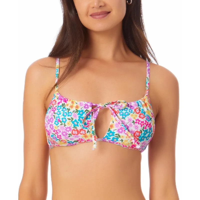 California Waves Womens Floral Print Knot-Front Bikini Swim Top Sporty Swimsuit Style