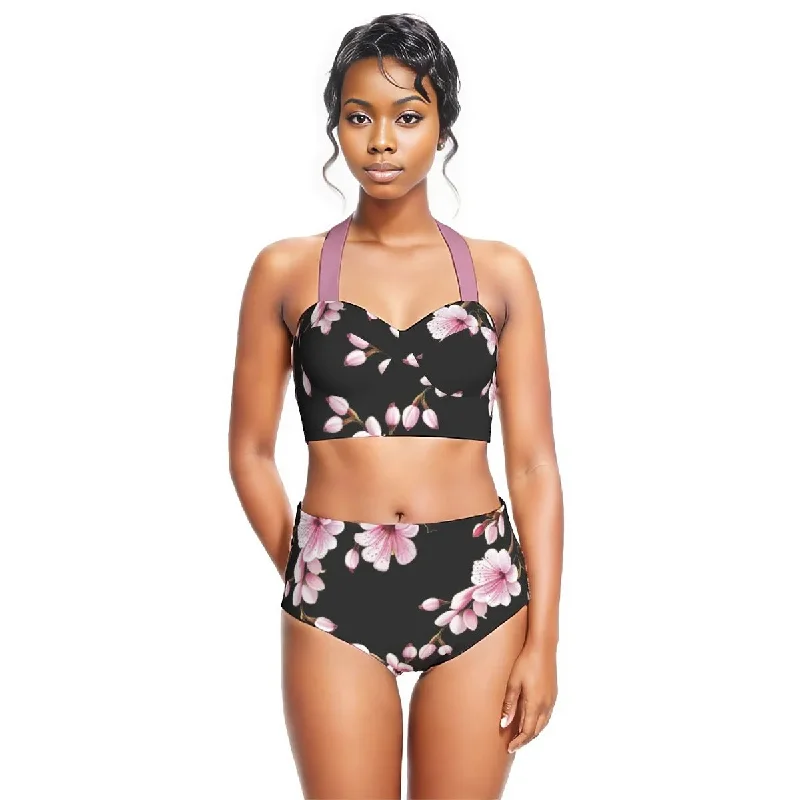 Cherry Blossom Halter Top Women's Bikini Swimsuit Strappy Back Bikini