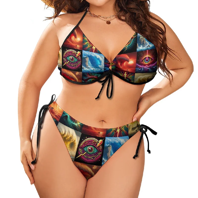 “Eye Wavess” Women's Plus Size Bikini Swimsuit Size XL to 4XL Plunge Back Swimsuit