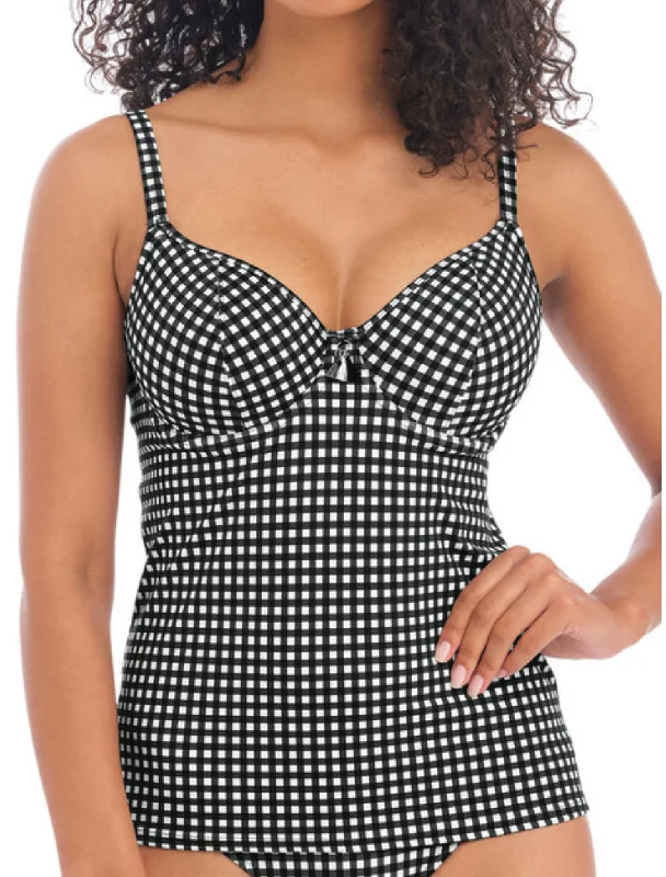 Freya Check In Underwire Plunge Tankini Top, Black / White | Check In Freya Tankini Tops | Check Tankini Top Stylish Swimsuit Set