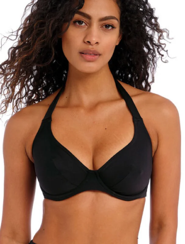 Freya Jewel Cove Underwire High Apex Bikini Top With J Hook, Black Plain | Plain Black Bikini | Black Plunge Swimwear Elegant Ruffled Bikini