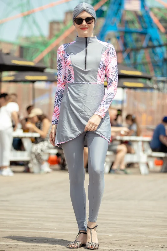 Gray Floral 3 Piece Modest Swimsuit Sexy Monokini Swimsuit
