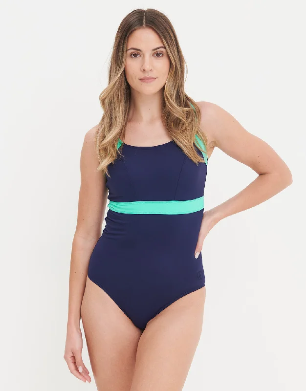 Stella Longer Length Clipback Swimsuit - Navy /Jade Bold High-Cut Bikini