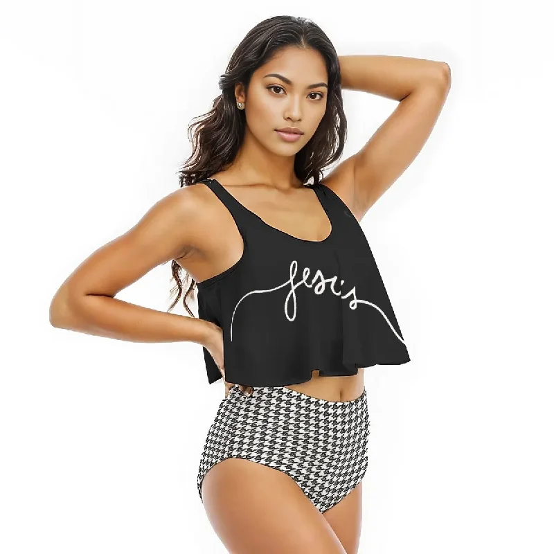 JESUS Houndstooth Ruffled Vest Bikini Swimsuit Ruffled Swimsuit Top
