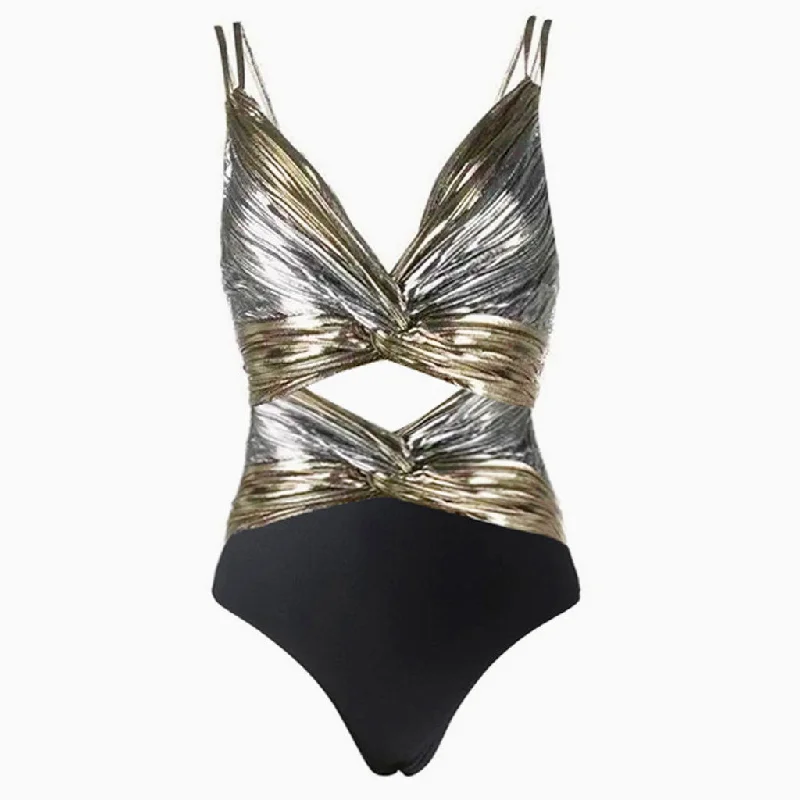 Metallic Color Block Ruched Twist Cutout Deep V Neck One Piece Swimsuit Button-Front Swimsuit