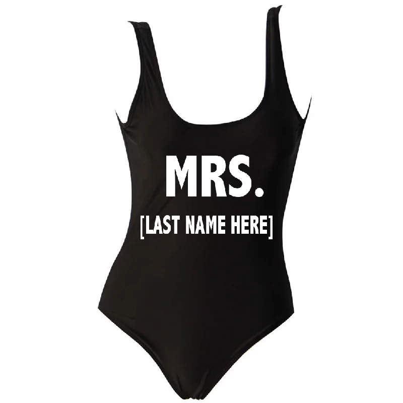MRS (Add Last Name) Black One Piece Swimsuit Elegant Ruffle Swimsuit
