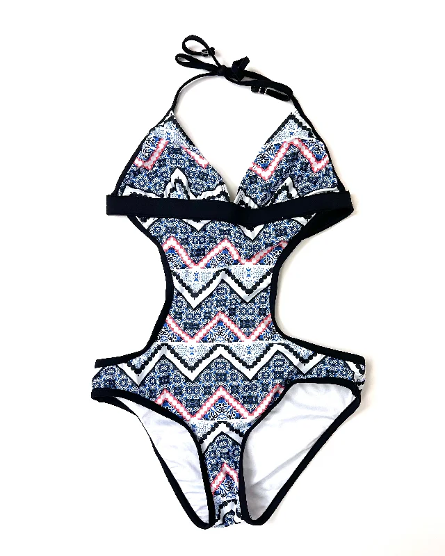 Orange and Blue Abstract One Piece Swimsuit - Small Strappy Back Bikini