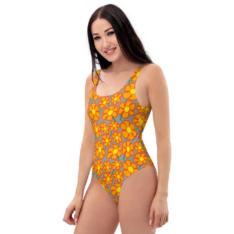 Orangeflower Pattern on Med Gray - AOP One-Piece Swimsuit Classic Swimsuit Design