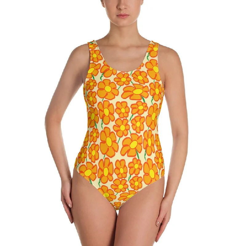 Orangeflower Pattern on Yellow - AOP One-Piece Swimsuit Trendy Swimwear Set