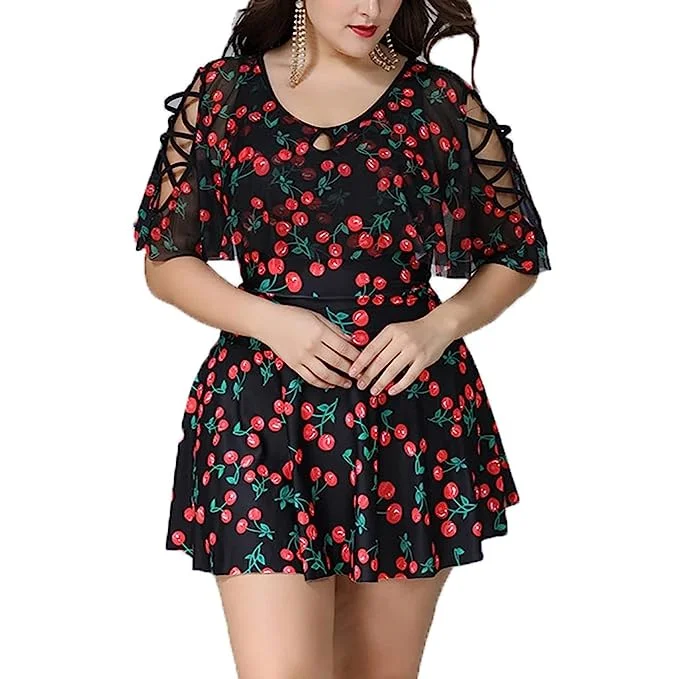 Plus Size Crisscross Flutter Sleeves Cherry Print Swimdress Comfortable Swim Shorts
