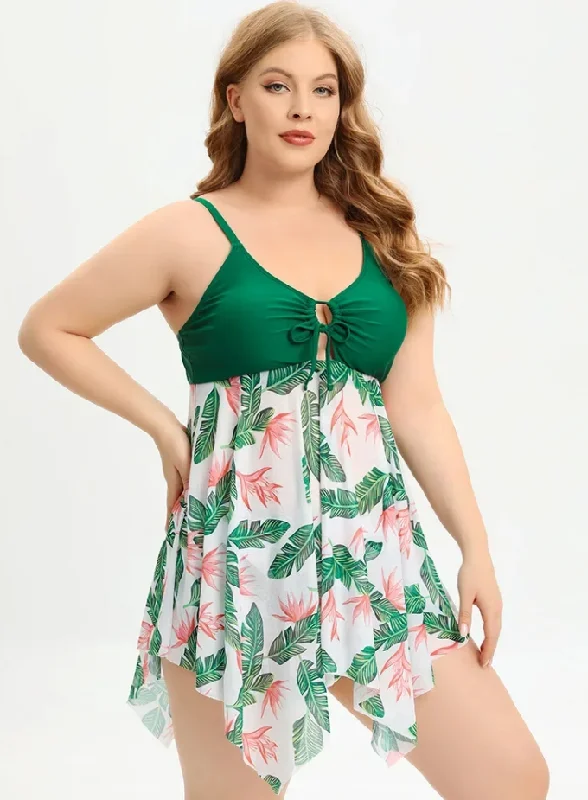Plus Size Green Floral Printed Two Pieces Swimsuits Stylish Cover-Up Set