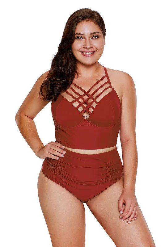 Plus Size Red Strappy Neck Detail High Waist Swimsuit Playful Pattern Swimsuit