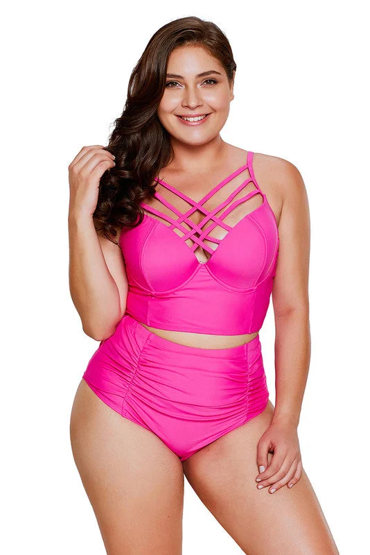 Plus Size Rosy Strappy Neck Detail High Waist Swimsuit Bold Swimsuit Design
