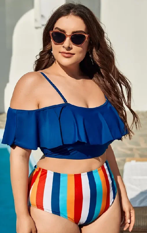 Plus Striped Blue Flounce High Waisted Bikini Swimsuit Swim Dress with Belt