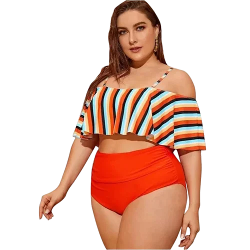 Plus Striped Orange Flounce High Waisted Bikini Swimsuit Flirty Ruffle Swimsuit