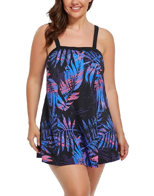 Black Tropical Floral Banded One Piece Swimdress Cross-Back Bikini