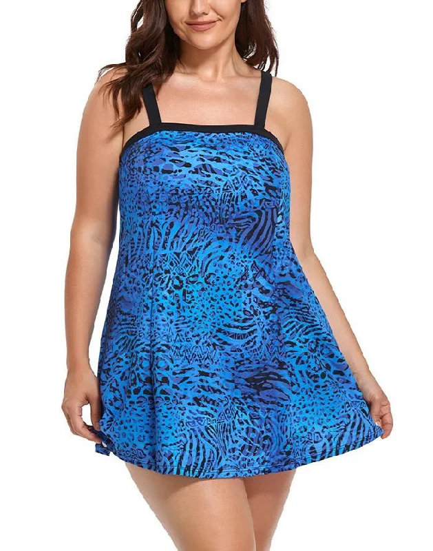 Blue Jungle Animal Print Banded One Piece Swimdress Strapless Swimsuit Top