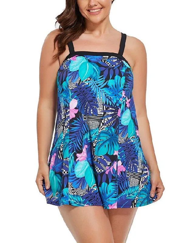 Multi Tropical Floral Banded One Piece Swimdress Solid Color Swimsuit