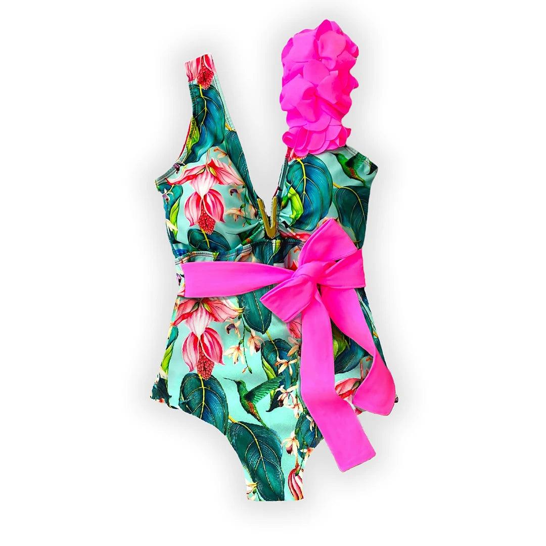 Ruffle Print Floral One Piece Slimming Swimwear Mesh Panel Swimwear