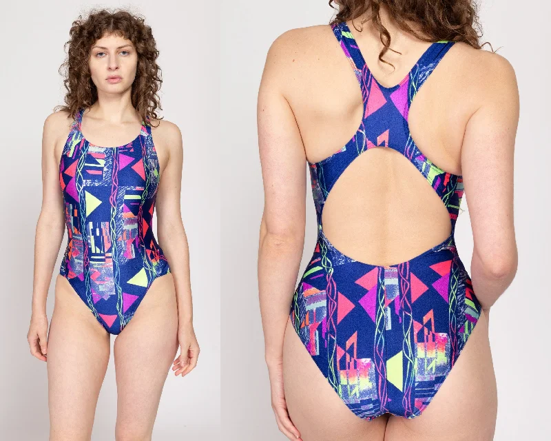 Small 90s Arena Geometric Print One Piece Swimsuit Halter Neck Swimsuit