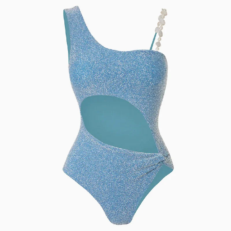 Sparkle Lurex Faux Pearl Ruched Twist Knot Cutout One Piece Swimsuit Stylish Cover-Up Set