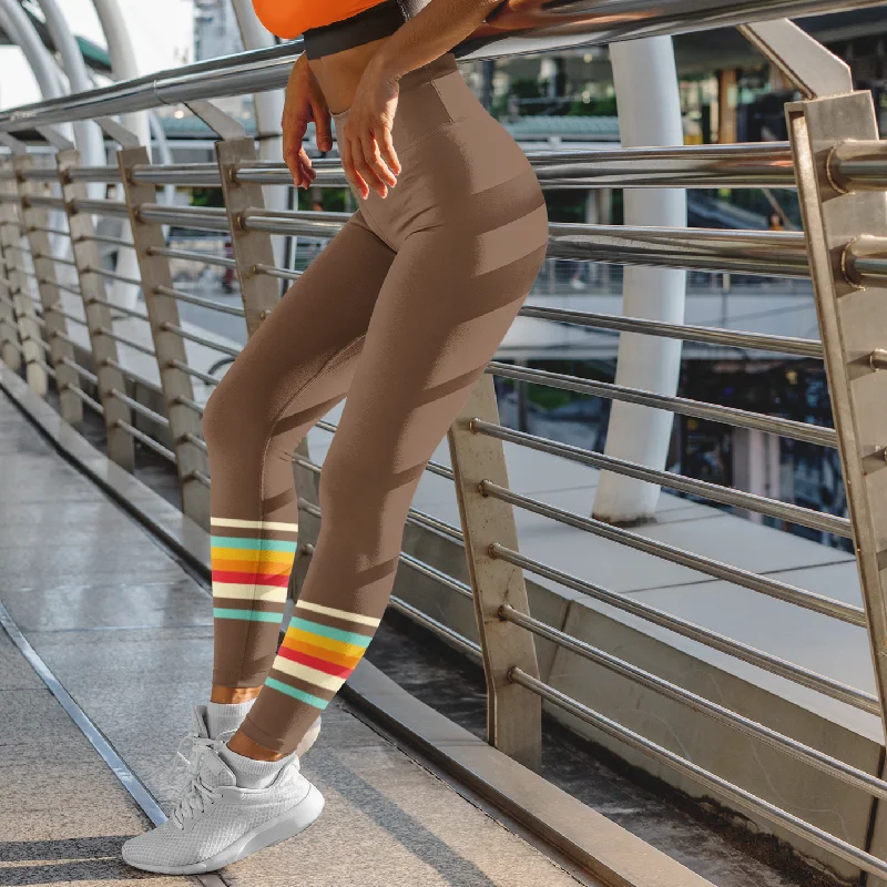 Women's 70s Vintage Stripe UPF 50 Swim Leggings - Brown Sexy Two-Piece Set