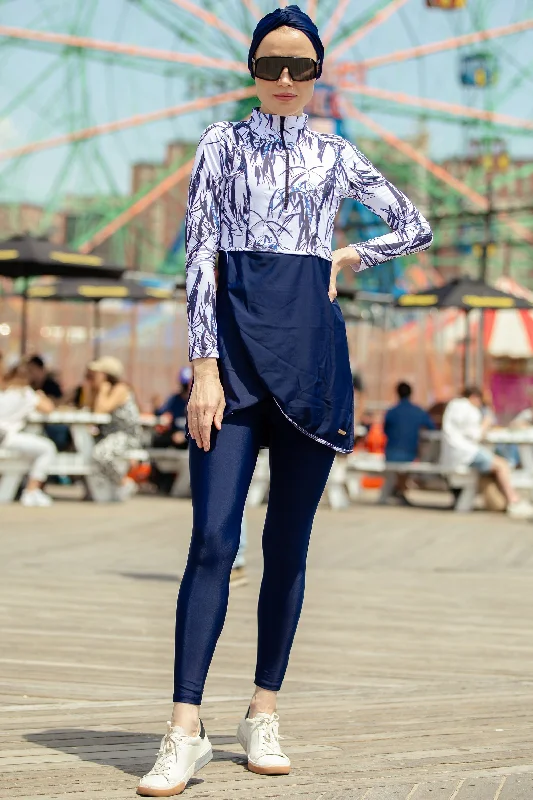 White and Navy Floral 3 Piece Modest Swimsuit Mesh Panel Swimwear